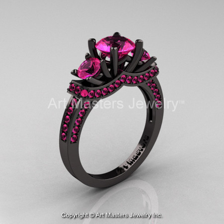 French 14K Black Gold Three Stone Pink Sapphire Wedding Ring Engagement Ring R182-14KBGPSS-1