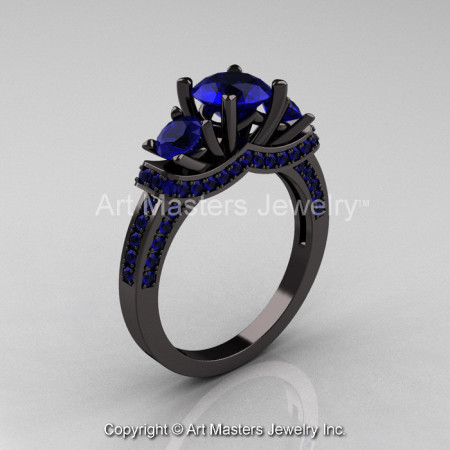 French 14K Black Gold Three Stone Blue Sapphire Wedding Ring Engagement Ring R182-14KBGBS-1