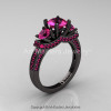 French 14K Black Gold Three Stone Pink Sapphire Engagement Ring Wedding Band Set R182S-14KBGPSS-2