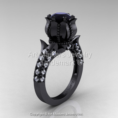 Classic 14K Black Gold 1.0 Ct Black and White Diamond Solitaire Wedding Ring R410-14KBGDBD-1