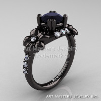 Nature Inspired 14K Black Gold 1.0 Ct Black and White Diamond Leaf and Vine Engagement Ring R245-14KBGDBD-1