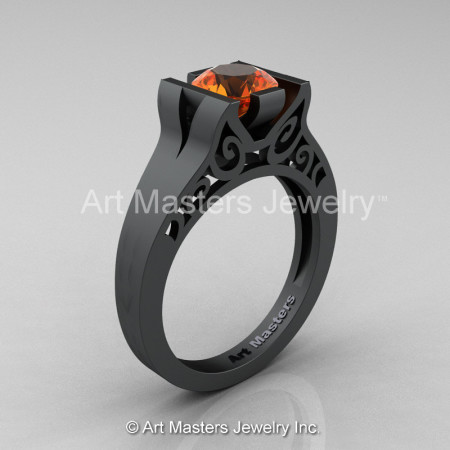 Modern Classic 14K Matte Black Gold 1.0 CT Orange Sapphire Engagement Ring Wedding Ring R36N-14KMBGOS-1