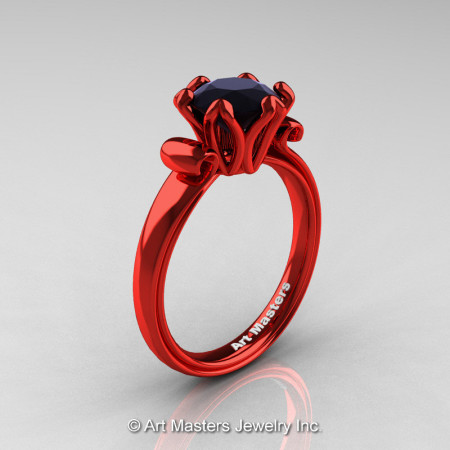 Modern Antique 14K Coral Red Gold 1.5 Carat Black Diamond Solitaire Engagement Ring AR127-14KCRGBD-1