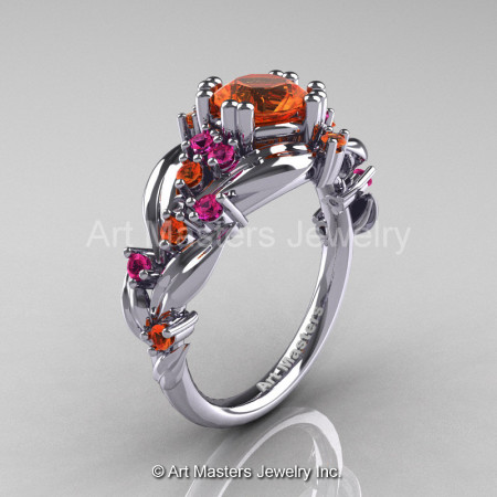 Nature Classic 14K White Gold 1.0 Ct Orange and Pink Sapphire Leaf and Vine Engagement Ring R340-14KWGPSOS-1