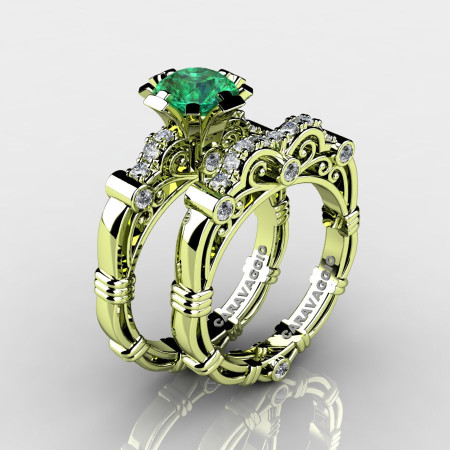 Art Masters Caravaggio 18K Green Gold 1.0 Ct Emerald Diamond Engagement Ring Wedding Band Set R623S-18KGGDEM-1
