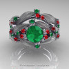 Nature Classic 14K White Gold 1.0 Ct Emerald Rubies Leaf and Vine Engagement Ring Wedding Band Set R340SS-14KWGREM-2