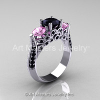 14K White Gold Three Stone Light Pink Sapphire Black Diamond Solitaire Ring R200-14KWGBDLPS-1