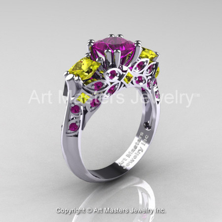 Classic 18K White Gold Three Stone Princess Amethyst Yellow Sapphire Solitaire Engagement Ring R500-18KWGYSAM-1