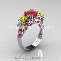 Classic 18K White Gold Three Stone Princess Rubies Yellow Sapphire Solitaire Engagement Ring R500-18KWGYSR-1