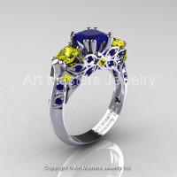 Classic 18K White Gold Three Stone Princess Blue and Yellow Sapphire Solitaire Engagement Ring R500-18KWGYSBS-1