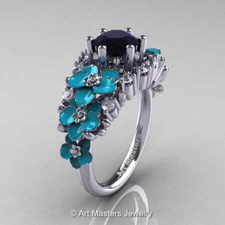 Nature Classic 14K White Gold 1.0 Ct Black and White Diamond Turquoise Orchid Engagement Ring R604-14KWGDTBD-1