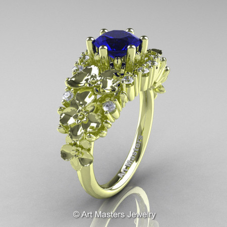 Nature Classic 18K Green Gold 1.0 Ct Blue Sapphire Diamond Orchid Engagement Ring R604-18KGGDBS-1