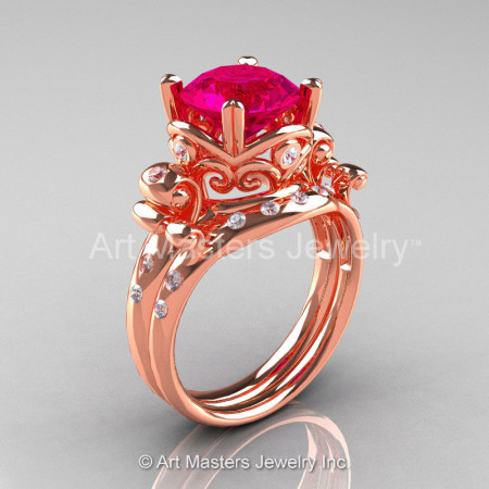 Art Masters Vintage 14K Rose Gold 3.0 Ct Rose Ruby Diamond Wedding Ring Set R167S-14KRGDRR-1