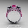 Art Masters Classic 14K White Gold Three Stone Pink Sapphire Black Diamond Solitaire Ring R200-14KWGBDPS-2
