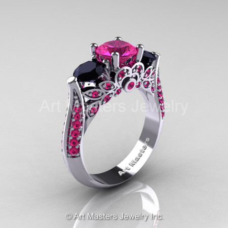 Art Masters Classic 14K White Gold Three Stone Pink Sapphire Black Diamond Solitaire Ring R200-14KWGBDPS-1