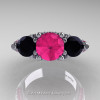 Art Masters Classic 14K White Gold Three Stone Pink Sapphire Black Diamond Solitaire Ring R200-14KWGBDPS-3