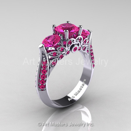 Art Masters Classic 14K White Gold Three Stone Pink Sapphire Solitaire Ring R200-14KWGPS-1