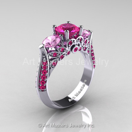 Art Masters Classic 14K White Gold Three Stone Pink and Light Pink Sapphire Solitaire Ring R200-14KWGLPSPS-1
