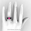 Art Masters Classic 14K White Gold Three Stone Pink Sapphire Black Diamond Solitaire Ring R200-14KWGBDPS-4