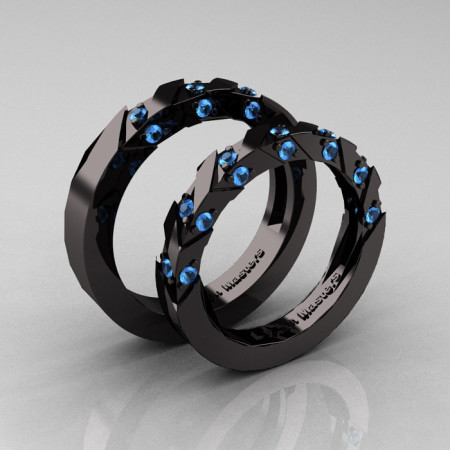 Modern Italian 14K Black Gold Blue Topaz Wedding Band Set R310BS-14KBGBT-1