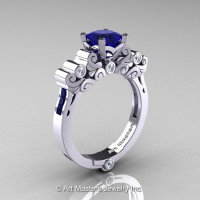 Classic Armenian 950 Platinum 1.0 Ct Princess Blue Sapphire Diamond Solitaire Wedding Ring R608-PLATDBS-1