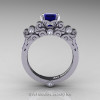 Classic Armenian 14K White Gold 1.0 Ct Princess Blue Sapphire Diamond Solitaire Wedding Ring R608-14KWGDBS-2