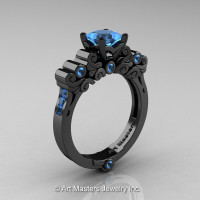Classic Armenian 14K Black Gold 1.0 Ct Princess Swiss Blue Topaz Solitaire Wedding Ring R608-14KBGBT-1