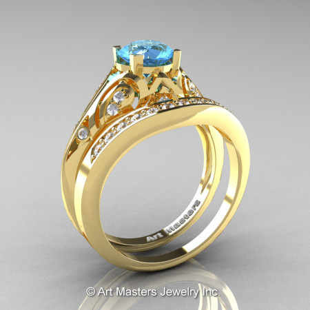 Classic Armenian 18K Yellow Gold 1.0 Ct Swiss Blue Topaz Diamond Engagement Ring Wedding Band Set R477S-18KYGDSBT-1