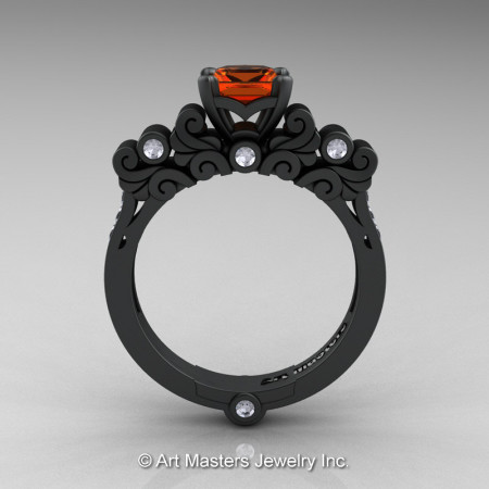 Classic Armenian 14K Matte Black Gold 1.0 Ct Orange Sapphire Diamond Solitaire Wedding Ring R608-14KMBGDOS-1