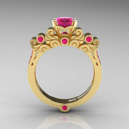 Classic Armenian 18K Yellow Gold 1.0 Ct Princess Pink Sapphire Solitaire Wedding Ring R608-18KYGPS-1