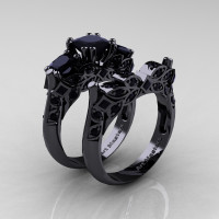 Designer Classic 14K Black Gold Three Stone Princess Black Diamond Engagement Ring Wedding Band Set R500S-14KBGBD - Perspective
