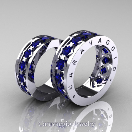 Caravaggio-Modern-14K-White-Gold-Princess-Blue-Sapphire-Wedding-Band-Set-R313S-14KWGBS-P