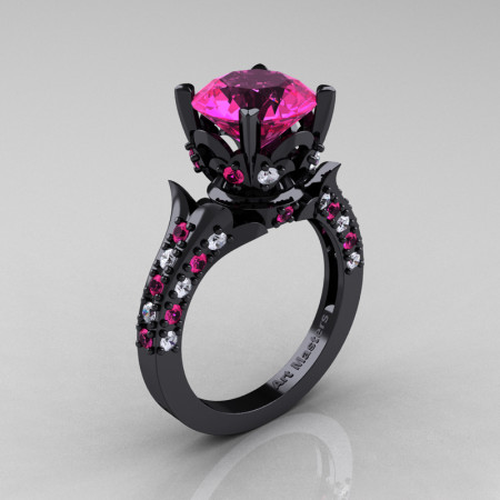 Classic French 14K Black Gold 3.0 Carat Pink Sapphire Diamond Solitaire Wedding Ring R401-14KBGDPSS