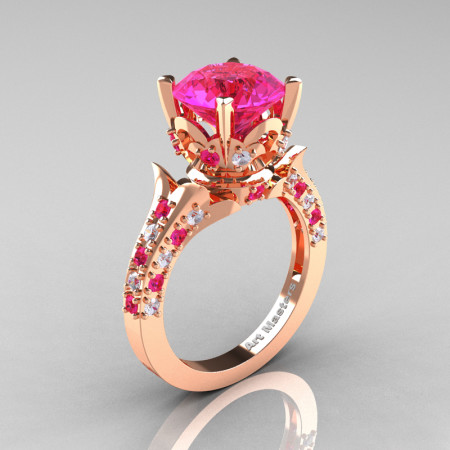 Classic French 14K Rose Gold 3.0 Carat Pink Sapphire Diamond Solitaire Wedding Ring R401-14KRGDPSS