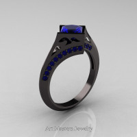 Exclusive French 14K Black Gold 1.5 CT Princess Blue Sapphire Engagement Ring R176-14KBGBS Perspective