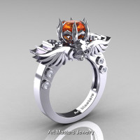 Art Masters Classic Winged Skull 14K White Gold 1.0 Ct Orange Sapphire Diamond Solitaire Engagement Ring R613-14KWGDOS