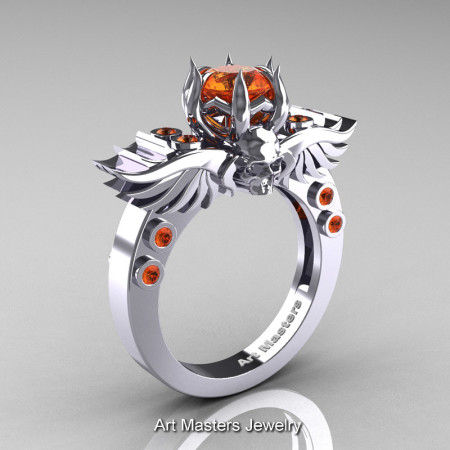 Art Masters Classic Winged Skull 14K White Gold 1.0 Ct Orange Sapphire Solitaire Engagement Ring R613-14KWGOS