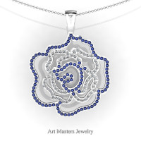 Classic 14K White Gold Blue Sapphire Diamond Rose Promise Pendant and Necklace Chain P101M-14KWGDBS