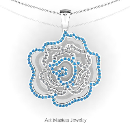 Classic 14K White Gold Blue Topaz Diamond Rose Promise Pendant and Necklace Chain P101M-14KWGDBT