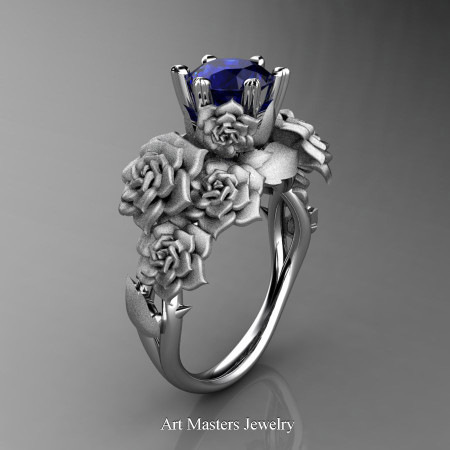 Nature Inspired 14K White Gold 1.0 Ct Blue Sapphire Rose Bouquet Leaf and Vine Engagement Ring R427-14KWGSBS
