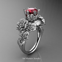 Nature Inspired 14K White Gold 1.0 Ct Ruby Rose Bouquet Leaf and Vine Engagement Ring R427-14KWGSR