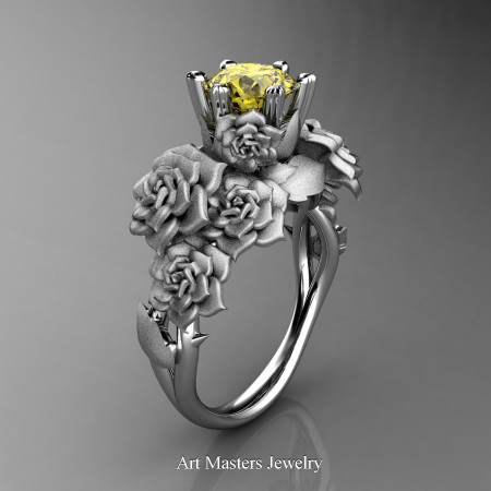 Nature Inspired 14K White Gold 1.0 Ct Yellow Sapphire Rose Bouquet Leaf and Vine Engagement Ring R427-14KWGSYS
