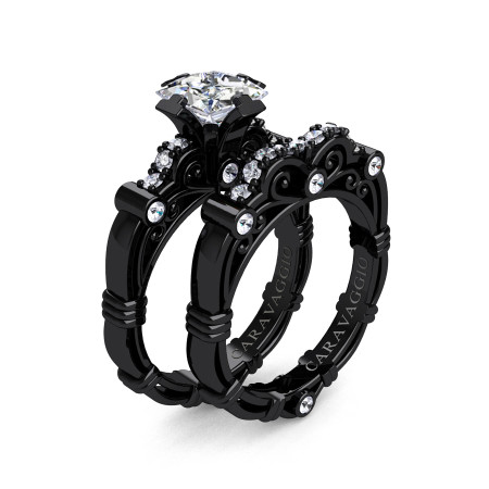 Art-Masters-Caravaggio-14K-Black-Gold-1-25-Carat-Princess-White-Sapphire-Diamond-Engagement-Ring-Wedding-Band-Set-R623PS-14KBGDWS-P