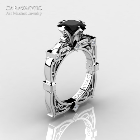 Art Masters Caravaggio 14K White Gold 1.5 Ct Princess Black and White Diamond Engagement Ring R630-14KWGDBD