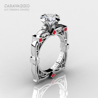 Art Masters Caravaggio 14K White Gold 1.5 Ct Princess White Sapphire Rubies Engagement Ring R630-14KWGRWS