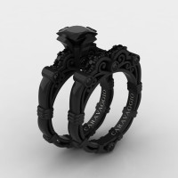 Art Masters Caravaggio 14K Black Gold 1.25 Ct Princess Black Diamond Engagement Ring Wedding Band Set R623PS-14KBGBD