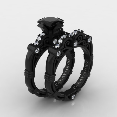 Art Masters Caravaggio 14K Black Gold 1.25 Ct Princess Black and White Diamond Engagement Ring Wedding Band Set R623PS-14KBGDBD