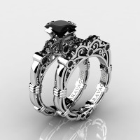 Art Masters Caravaggio 14K White Gold 1.25 Ct Princess Black Diamond Engagement Ring Wedding Band Set R623PS-14KWGBD