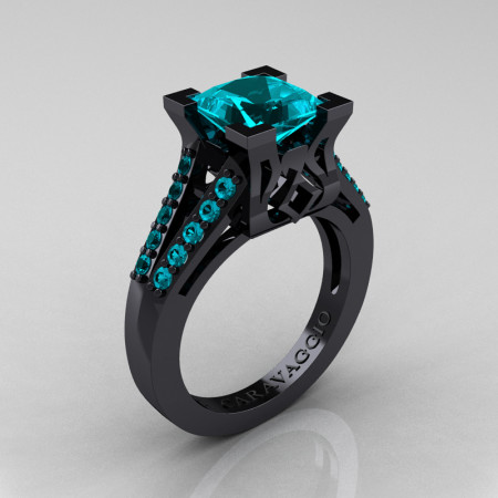 Caravaggio Classic 14K Black Gold 2.0 Ct Princess Blue Zircon Cathedral Engagement Ring R488-14KBGBZ