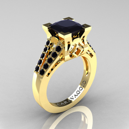 Caravaggio Classic 14K Yellow Gold 2.0 Ct Princess Black Diamond Cathedral Engagement Ring R488-14KYGBD